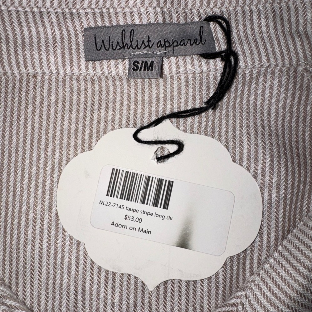 Wishlist Apparel Taupe Stripe Frayed Button Down Shirt WL22-7145 S/M NWT - Picture 3 of 9